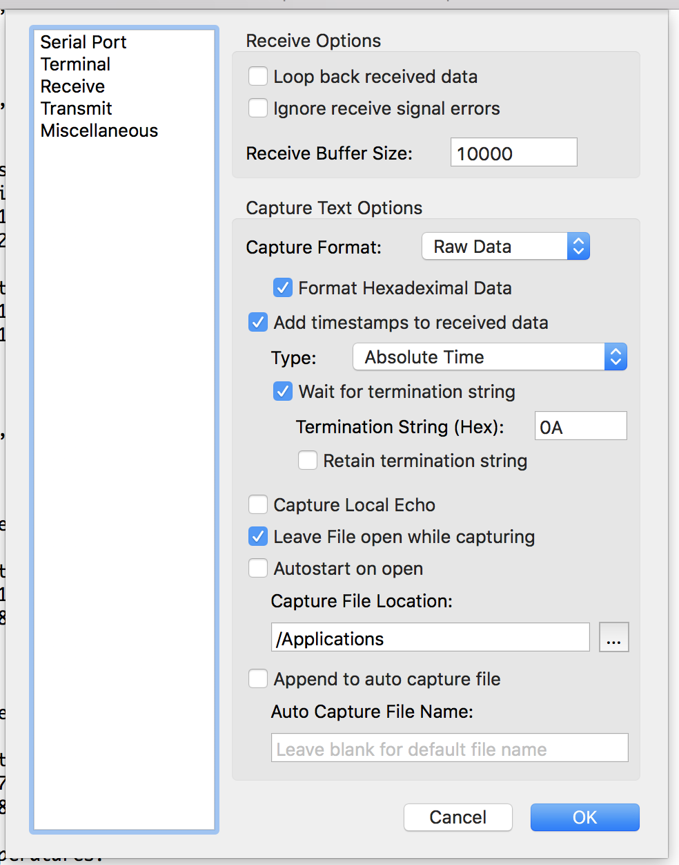 coolterm macos serial settings